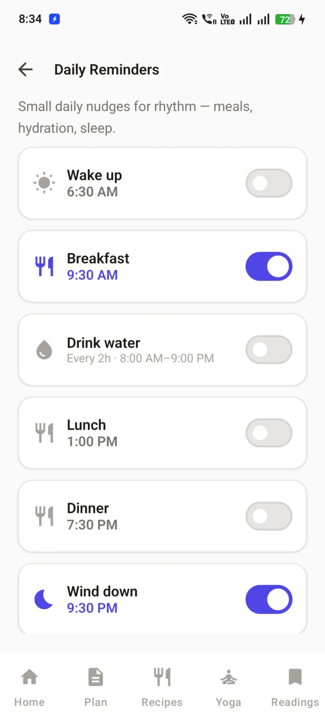 Daily reminders for meals, water and sleep