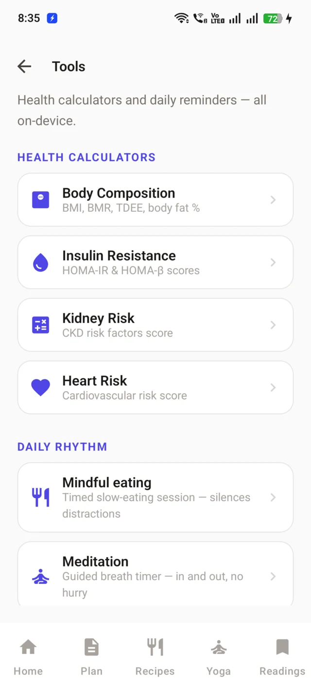 Health calculators and daily rhythm tools